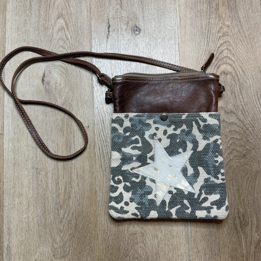 Myra Bag Metallic Cowhide Star Blue Camo Tan Canvas Crossbody‎ Purse 8 x 10.5"